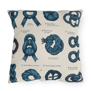 outdoor pillow featuring various labeled blue nautical knots on a beige background