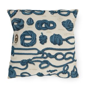 outdoor pillow featuring various blue nautical knots with labels on a beige background