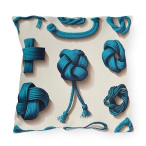 outdoor pillow featuring various blue nautical knots on a beige background