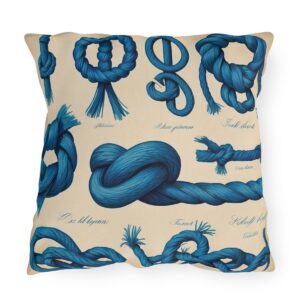 outdoor pillow featuring various blue nautical knots with labels on a beige background