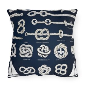 outdoor pillow featuring various detailed nautical knots with labels on a dark blue background