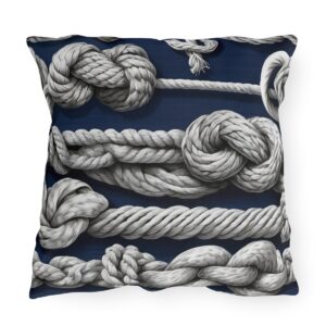 outdoor pillow featuring various detailed nautical knots in white on a dark blue background