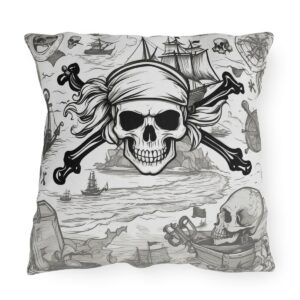 outdoor pillow featuring a pirate skull with crossbones, pirate ships, and nautical elements in a black and white design