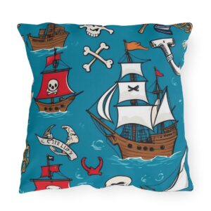 outdoor pillow featuring playful pirate ships, skulls, crossbones, and nautical symbols on a blue background