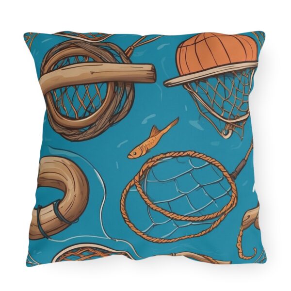 Outdoor pillow featuring a bright blue background with fishing nets, life rings, ropes, and a fish in orange and brown accents