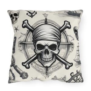 outdoor pillow featuring a pirate skull with crossbones, nautical symbols, and pirate ships in black and white