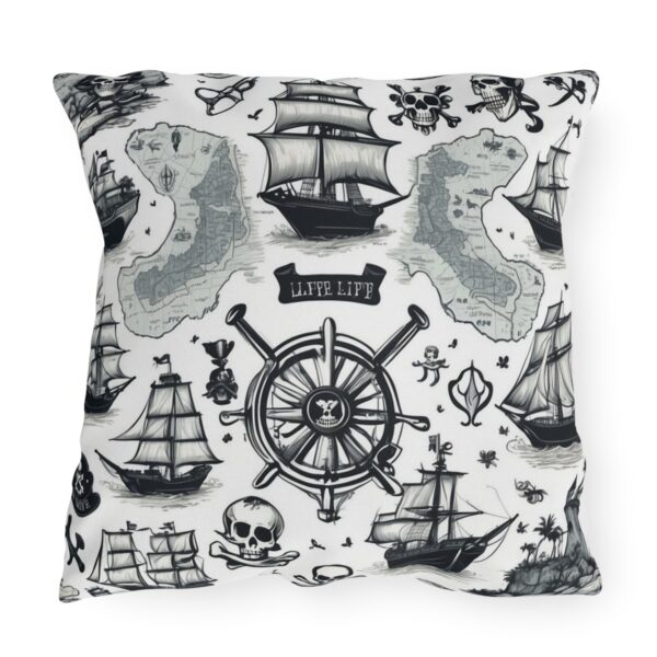 outdoor pillow featuring black and white pirate ships, maps, skulls, and nautical symbols