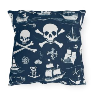 outdoor pillow featuring pirate skulls, crossbones, ships, and nautical symbols in white on a navy blue background