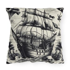 outdoor pillow featuring a detailed pirate ship with sails unfurled, skulls, and palm trees in black and white