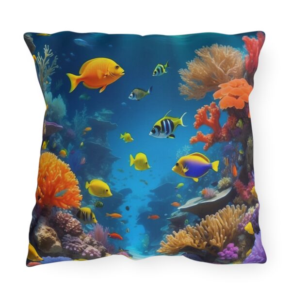 outdoor pillow featuring a vibrant underwater scene with colorful fish and coral reefs in a blue ocean