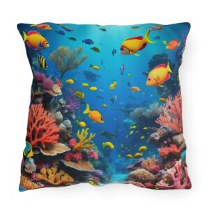 outdoor pillow featuring a vibrant underwater scene with colorful fish and coral reefs in a blue ocean