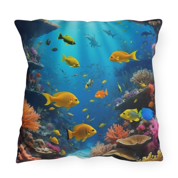 outdoor pillow featuring a vibrant underwater scene with colorful fish and coral reefs in a blue ocean