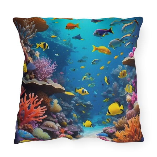 outdoor pillow featuring a vibrant underwater scene with colorful fish and coral reefs in a blue ocean