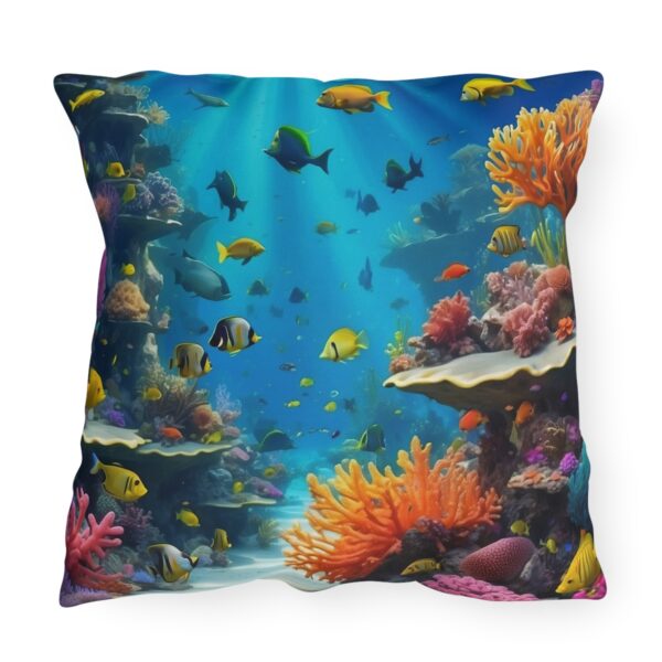 outdoor pillow featuring a vibrant underwater scene with colorful fish and coral reefs