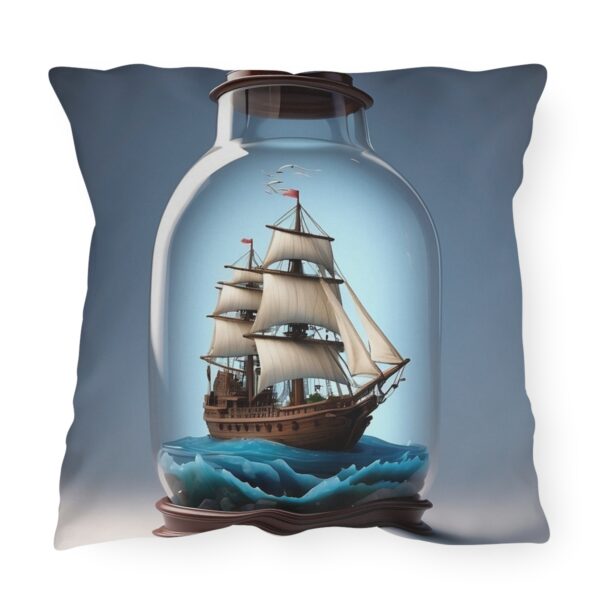 outdoor pillow featuring a detailed ship with full sails inside a glass bottle with blue ocean waves on a wooden stand