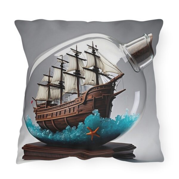 outdoor pillow featuring a detailed ship with full sails inside a glass bottle on blue ocean waves and a wooden stand