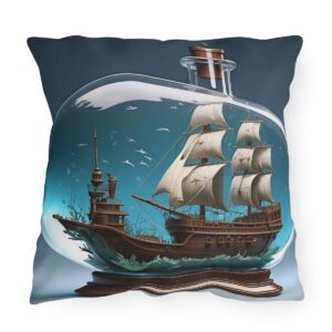 outdoor pillow featuring a detailed sailing ship with full sails inside a glass bottle with a blue ocean backdrop