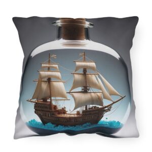 outdoor pillow featuring a detailed ship with sails inside a glass bottle resting on blue waves