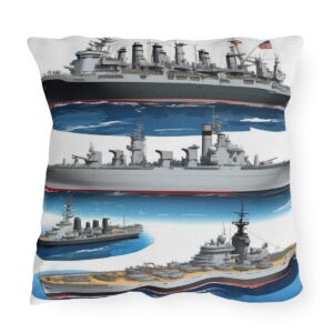 Outdoor pillow featuring detailed illustrations of navy battleships on a white background with red, blue, and black accents