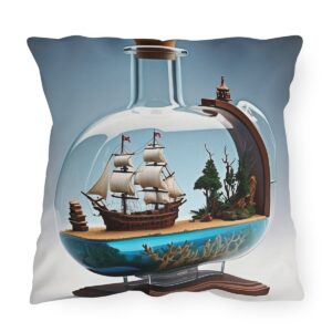 outdoor pillow featuring a ship in a bottle with detailed sails, a small island, and a lighthouse inside