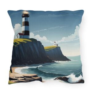 outdoor pillow featuring a black and white lighthouse on a cliff with ocean waves and a beach below