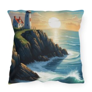 outdoor pillow featuring a lighthouse on a cliff at sunset with ocean waves crashing against the rocks