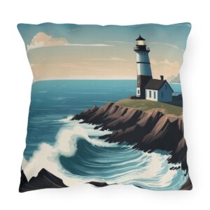 outdoor pillow featuring a lighthouse on a cliff with ocean waves crashing against the rocky shore