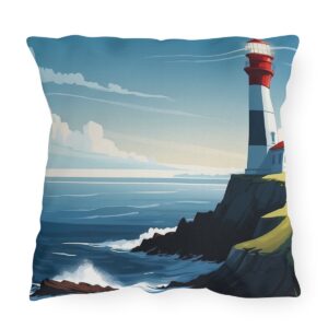 outdoor pillow featuring a red and white lighthouse on a cliff by the ocean with waves crashing below