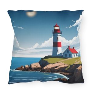 outdoor pillow featuring a red and white lighthouse on a rocky coastline with ocean waves under a bright blue sky