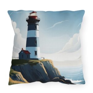 outdoor pillow featuring a lighthouse on a cliff by the ocean with a cloudy sky