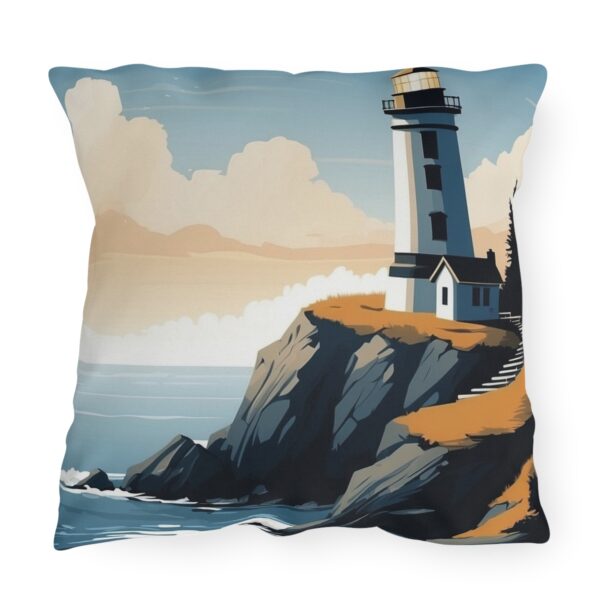 outdoor pillow featuring a lighthouse on a rocky coastline with ocean waves and a cloudy sky