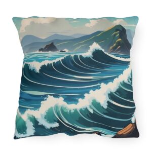 outdoor pillow featuring large ocean waves crashing near a rocky coastline with mountains in the background