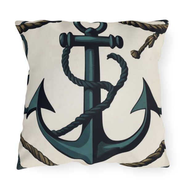 outdoor pillow featuring a dark blue anchor with ropes on a beige background