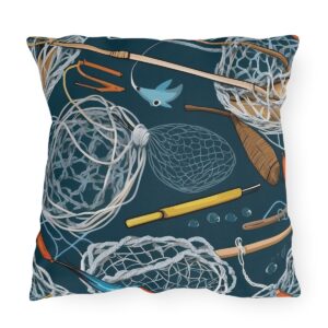 Outdoor pillow featuring a fishing-themed design with nets, fishing tools, and a bird on a dark blue background