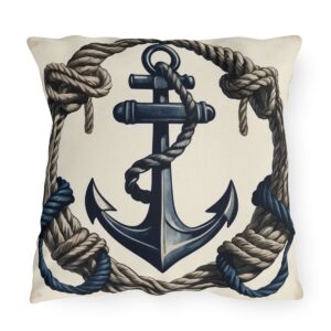 outdoor pillow featuring a navy blue anchor with thick ropes on a beige background