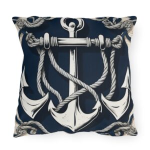 outdoor pillow featuring a detailed anchor with ropes on a dark blue background