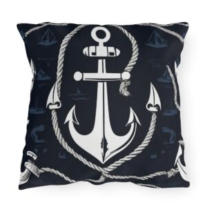 outdoor pillow featuring a white anchor with rope design on a dark background