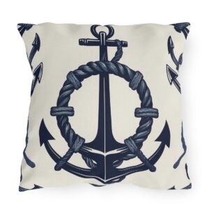 outdoor pillow featuring a navy blue anchor with rope design on a beige background