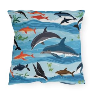 outdoor pillow featuring dolphins, fish, and sea creatures in vibrant colors swimming in ocean waves