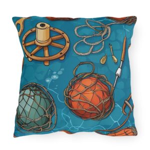 Outdoor pillow featuring a fishing-themed design with nets, ropes, and buoys on a bright blue background