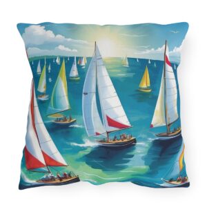 outdoor pillow featuring sailboats with colorful sails on a bright ocean under a sunny sky