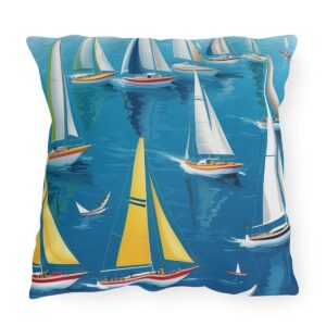 outdoor pillow featuring colorful sailboats with yellow, white, and blue sails on a bright ocean background