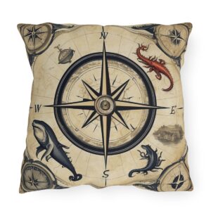 outdoor pillow featuring a vintage nautical compass with sea creatures on a beige background