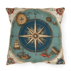 outdoor pillow featuring a vintage nautical compass with ships, sea creatures, and a map on a blue background