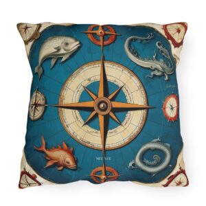 outdoor pillow featuring a vintage nautical compass with sea creatures on a blue background