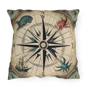 outdoor pillow featuring a vintage nautical compass with sea creatures, a ship, and an octopus on a beige background