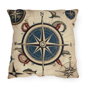 outdoor pillow with a vintage nautical compass design featuring sea creatures and anchors on a beige background