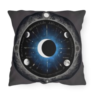 outdoor pillow featuring a crescent moon with blue and black celestial design