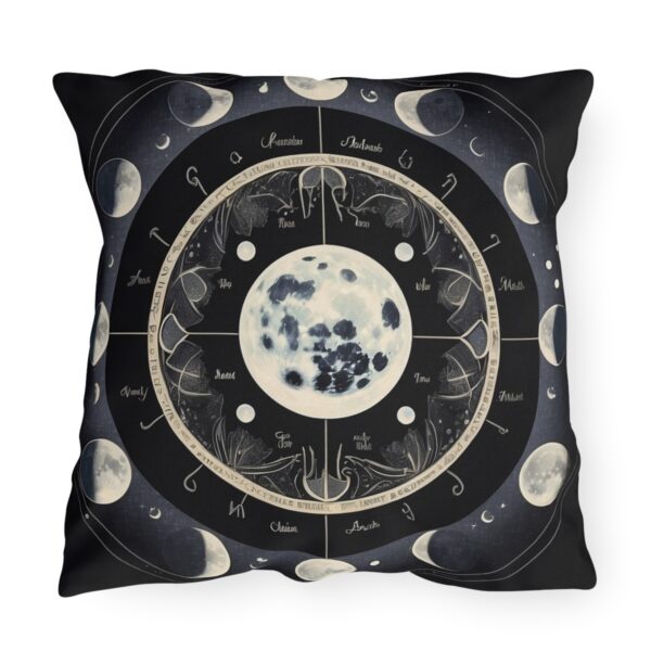 outdoor pillow featuring moon phases and zodiac symbols on a black background