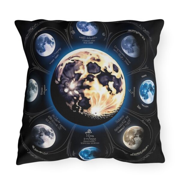 outdoor pillow featuring a detailed moon cycle design with various moon phases on a black background